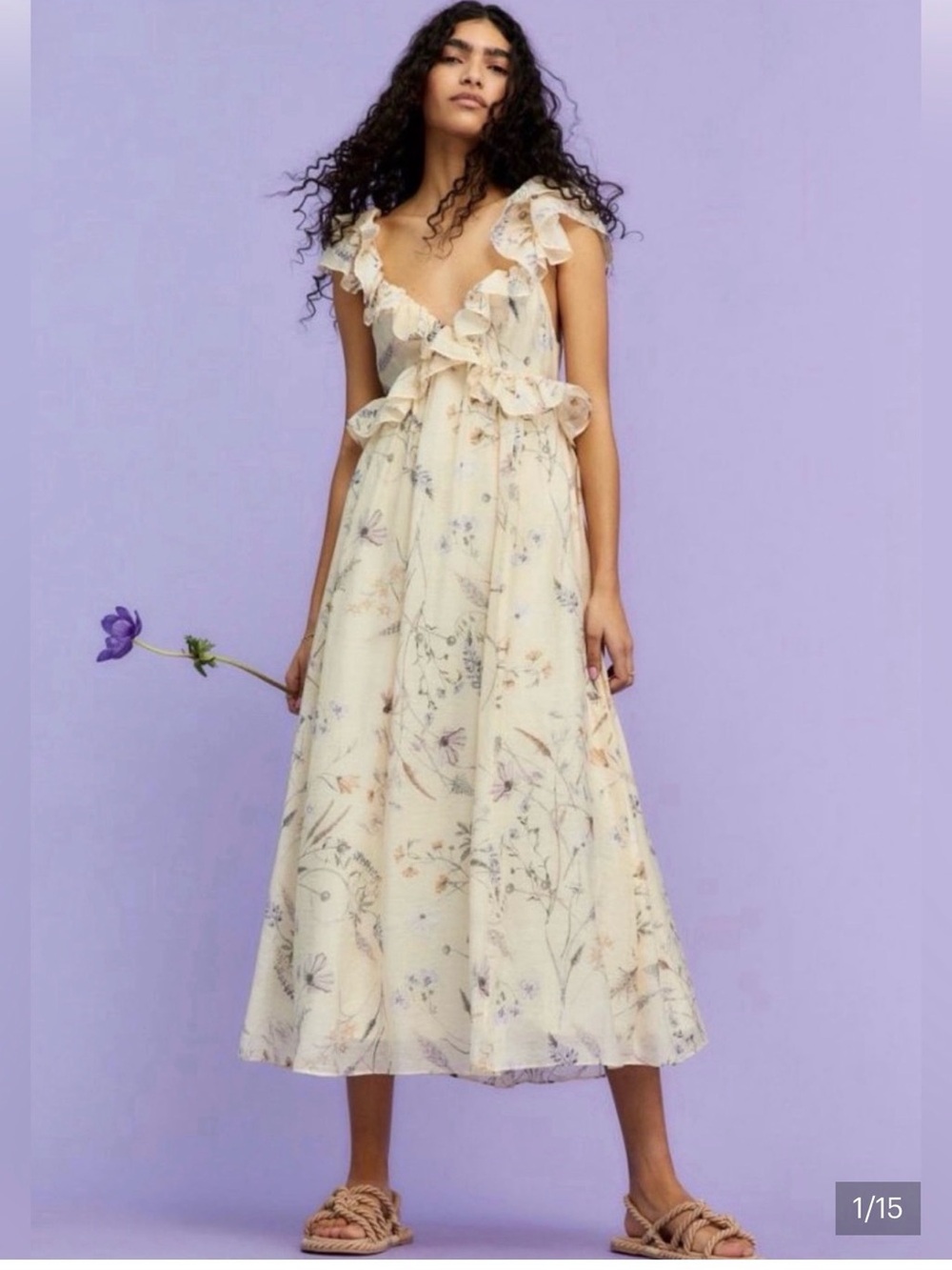 H&M Floral Ruffle Maxi Sz S Boho Cottage Core Dress in Cream Orig $115